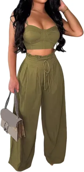 Molisry Women's 2 Piece Outfits Casual Spaghetti Strap Bra Top High Waisted Long Straight Wide Leg Pants Lounge Sets Fall