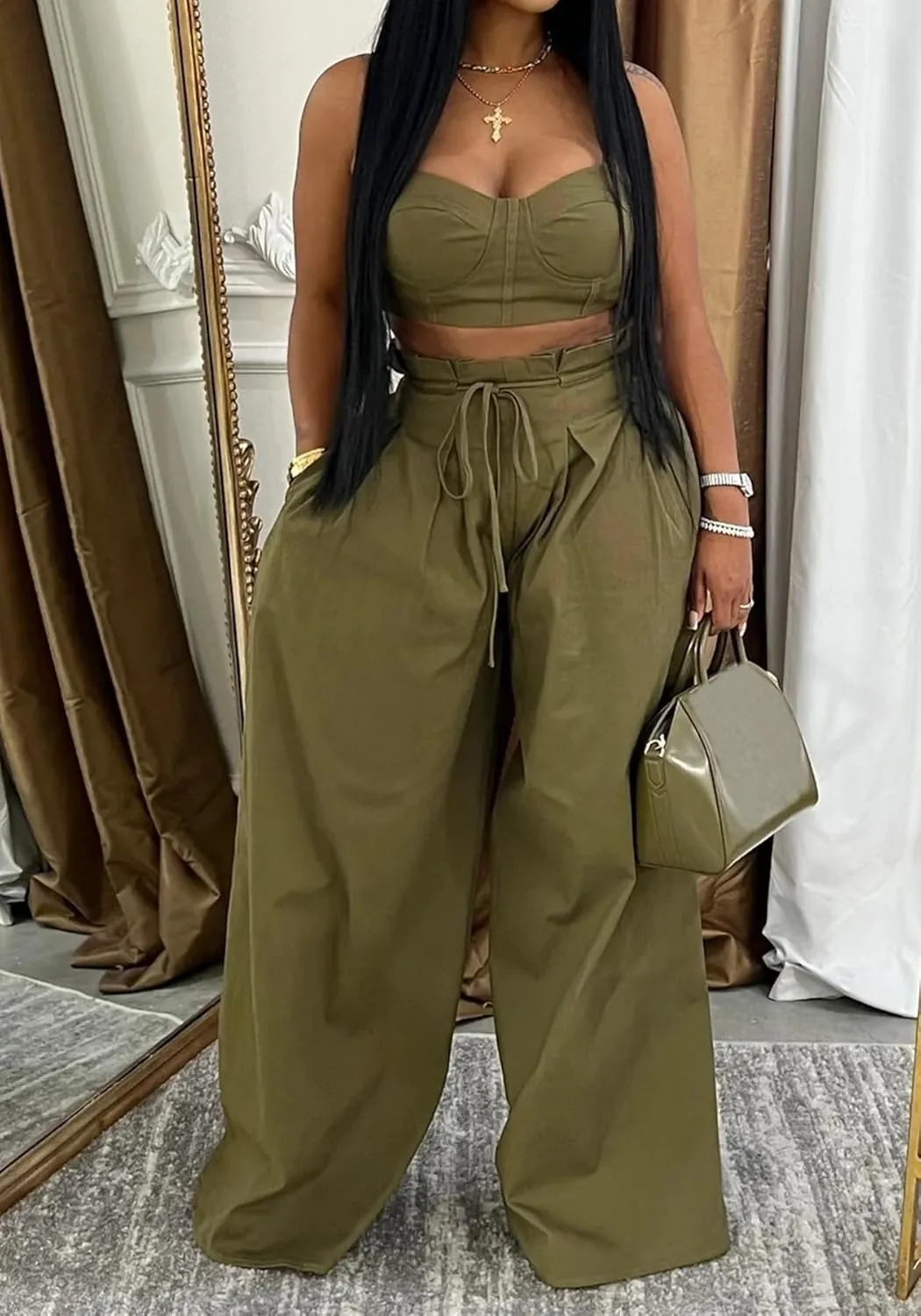 Molisry Women's 2 Piece Outfits Casual Spaghetti Strap Bra Top High Waisted Long Straight Wide Leg Pants Lounge Sets Fall