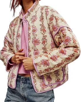 Muineobuka Women Y2k Quilted Jacket Long Sleeve Open Front Floral Lightweight Jacket Padded Quilted Cropped Cardigan Jackets
