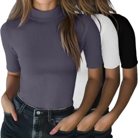Neer 3 Pack Women's Mock Turtleneck Tops, Short Sleeve Ribbed Shirts Tight Mock Neck Tops Business Casual Basic Tees