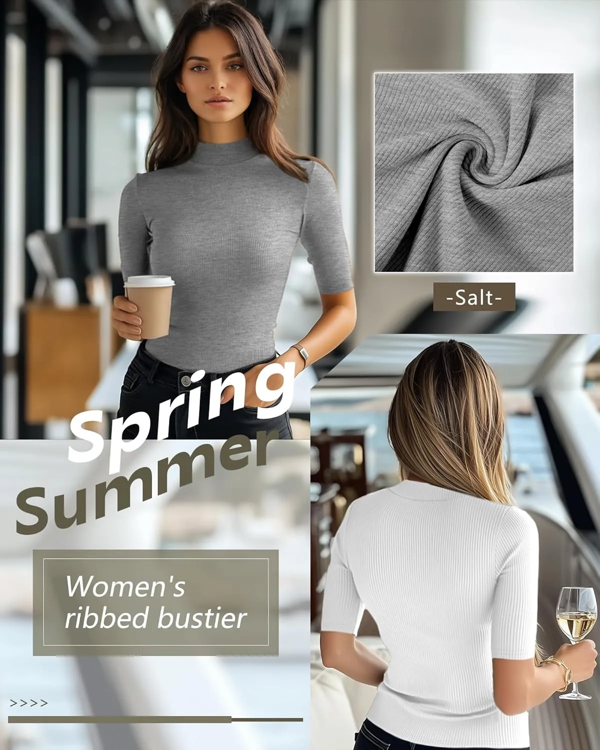 Neer 3 Pack Women's Mock Turtleneck Tops, Short Sleeve Ribbed Shirts Tight Mock Neck Tops Business Casual Basic Tees