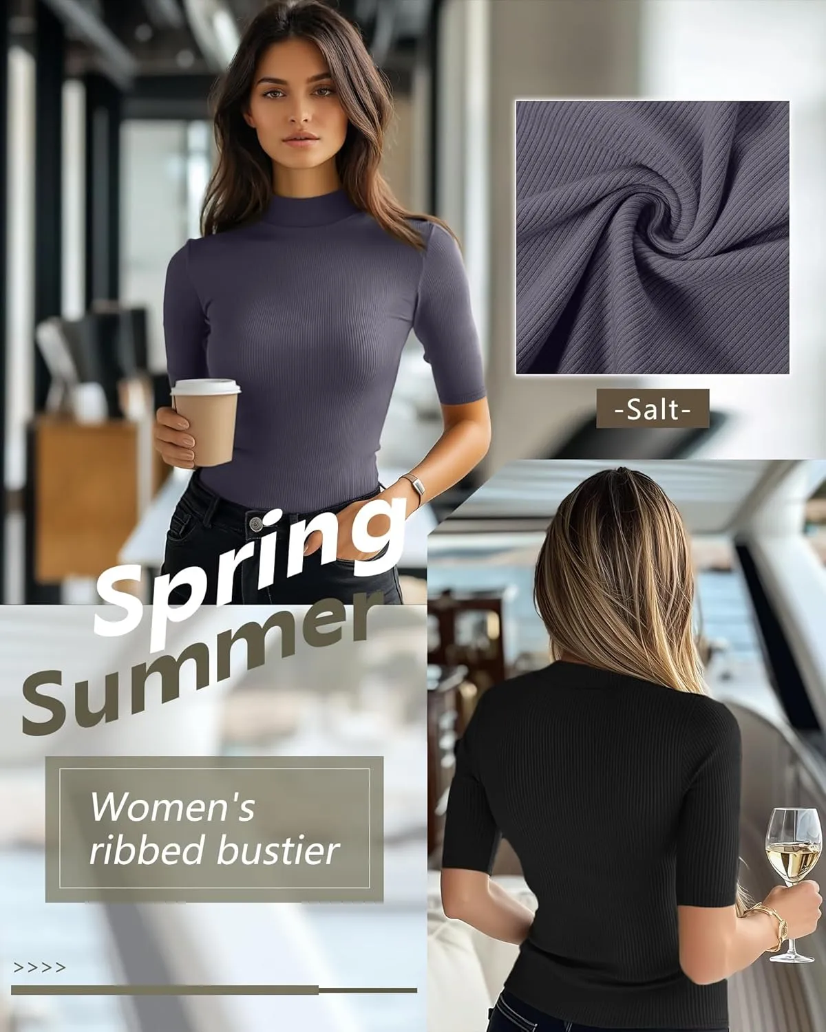 Neer 3 Pack Women's Mock Turtleneck Tops, Short Sleeve Ribbed Shirts Tight Mock Neck Tops Business Casual Basic Tees