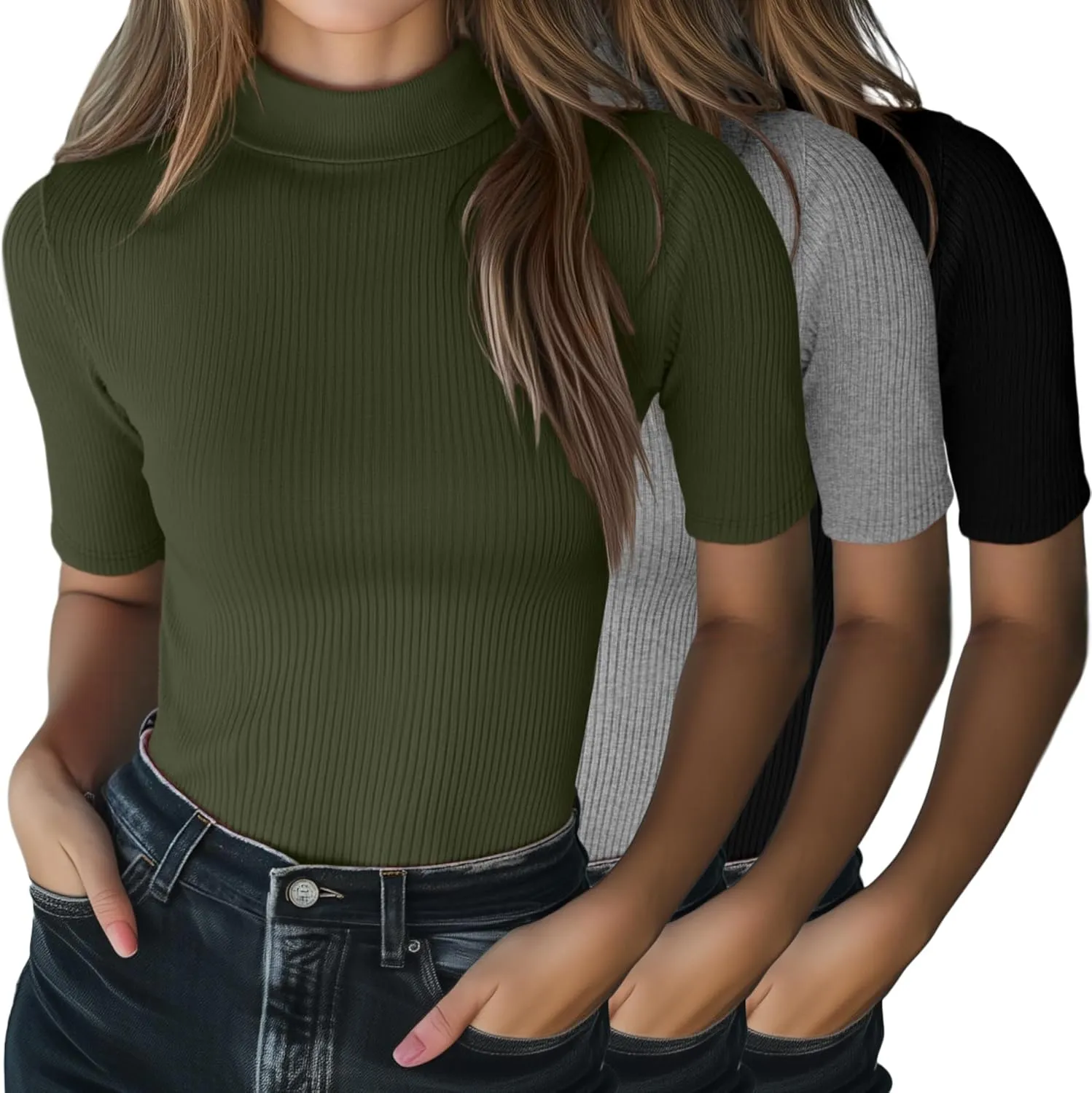 Neer 3 Pack Women's Mock Turtleneck Tops, Short Sleeve Ribbed Shirts Tight Mock Neck Tops Business Casual Basic Tees