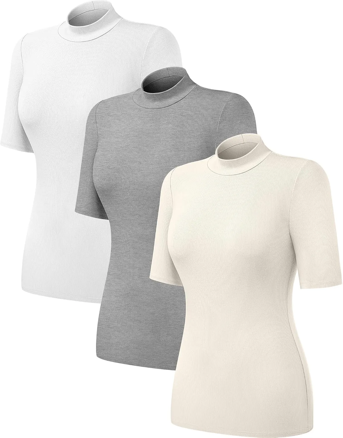 Neer 3 Pack Women's Mock Turtleneck Tops, Short Sleeve Ribbed Shirts Tight Mock Neck Tops Business Casual Basic Tees