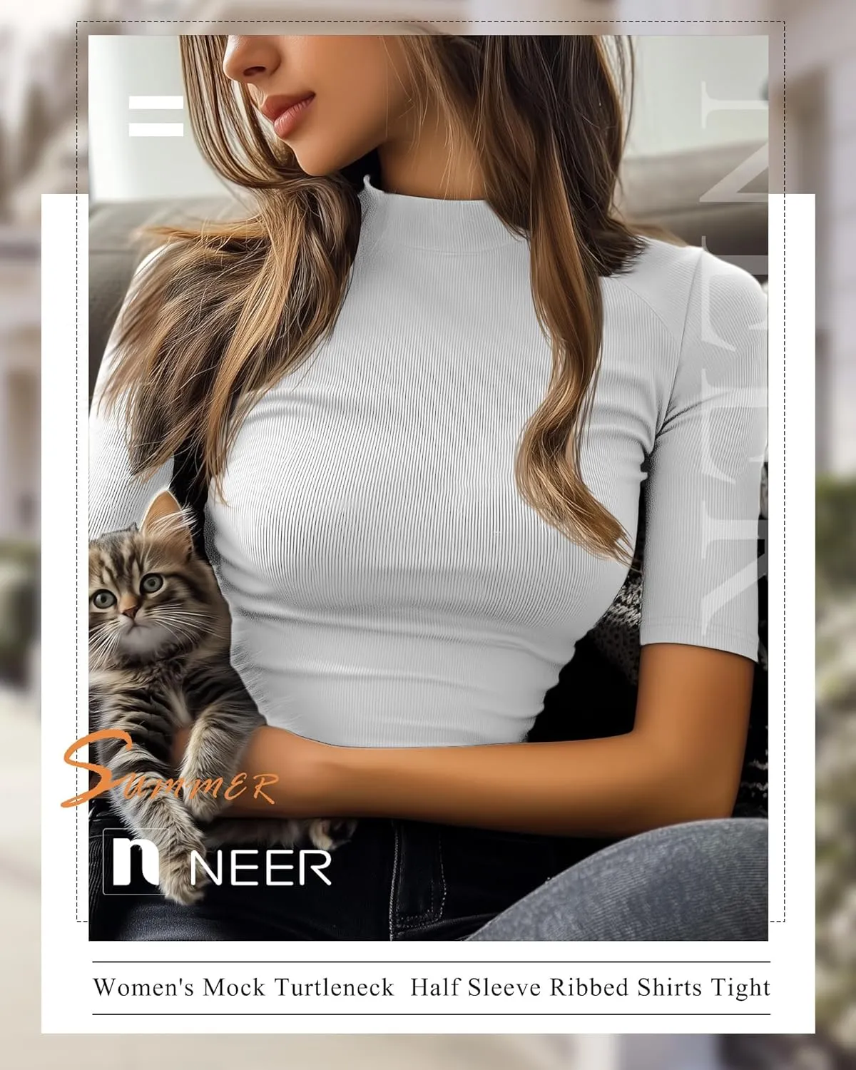 Neer 3 Pack Women's Mock Turtleneck Tops, Short Sleeve Ribbed Shirts Tight Mock Neck Tops Business Casual Basic Tees