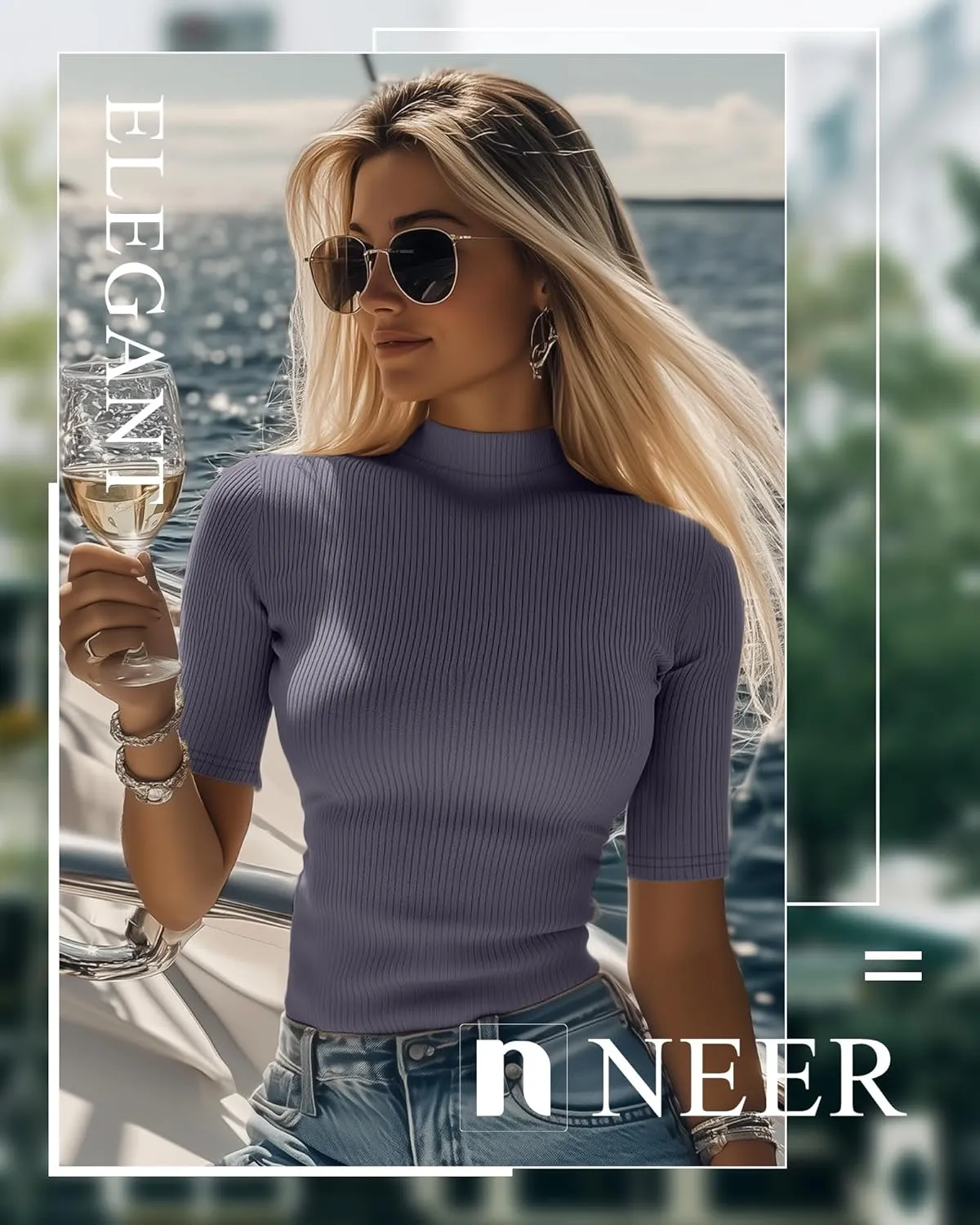 Neer 3 Pack Women's Mock Turtleneck Tops, Short Sleeve Ribbed Shirts Tight Mock Neck Tops Business Casual Basic Tees