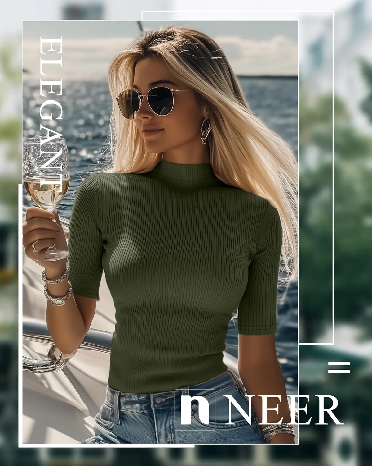Neer 3 Pack Women's Mock Turtleneck Tops, Short Sleeve Ribbed Shirts Tight Mock Neck Tops Business Casual Basic Tees