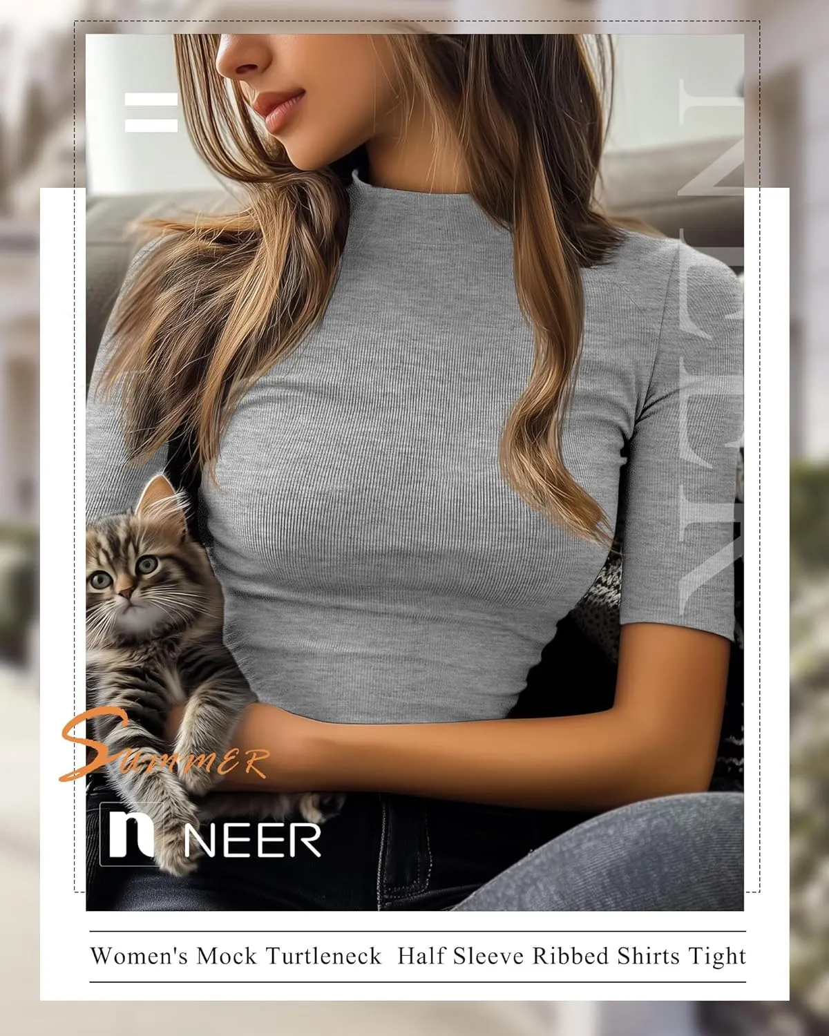 Neer 3 Pack Women's Mock Turtleneck Tops, Short Sleeve Ribbed Shirts Tight Mock Neck Tops Business Casual Basic Tees