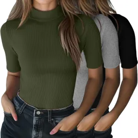 Neer 3 Pack Women's Mock Turtleneck Tops, Short Sleeve Ribbed Shirts Tight Mock Neck Tops Business Casual Basic Tees
