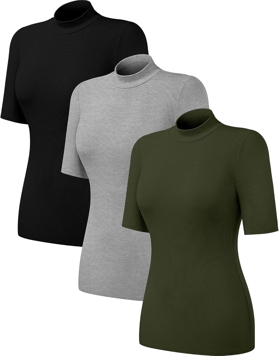 Neer 3 Pack Women's Mock Turtleneck Tops, Short Sleeve Ribbed Shirts Tight Mock Neck Tops Business Casual Basic Tees