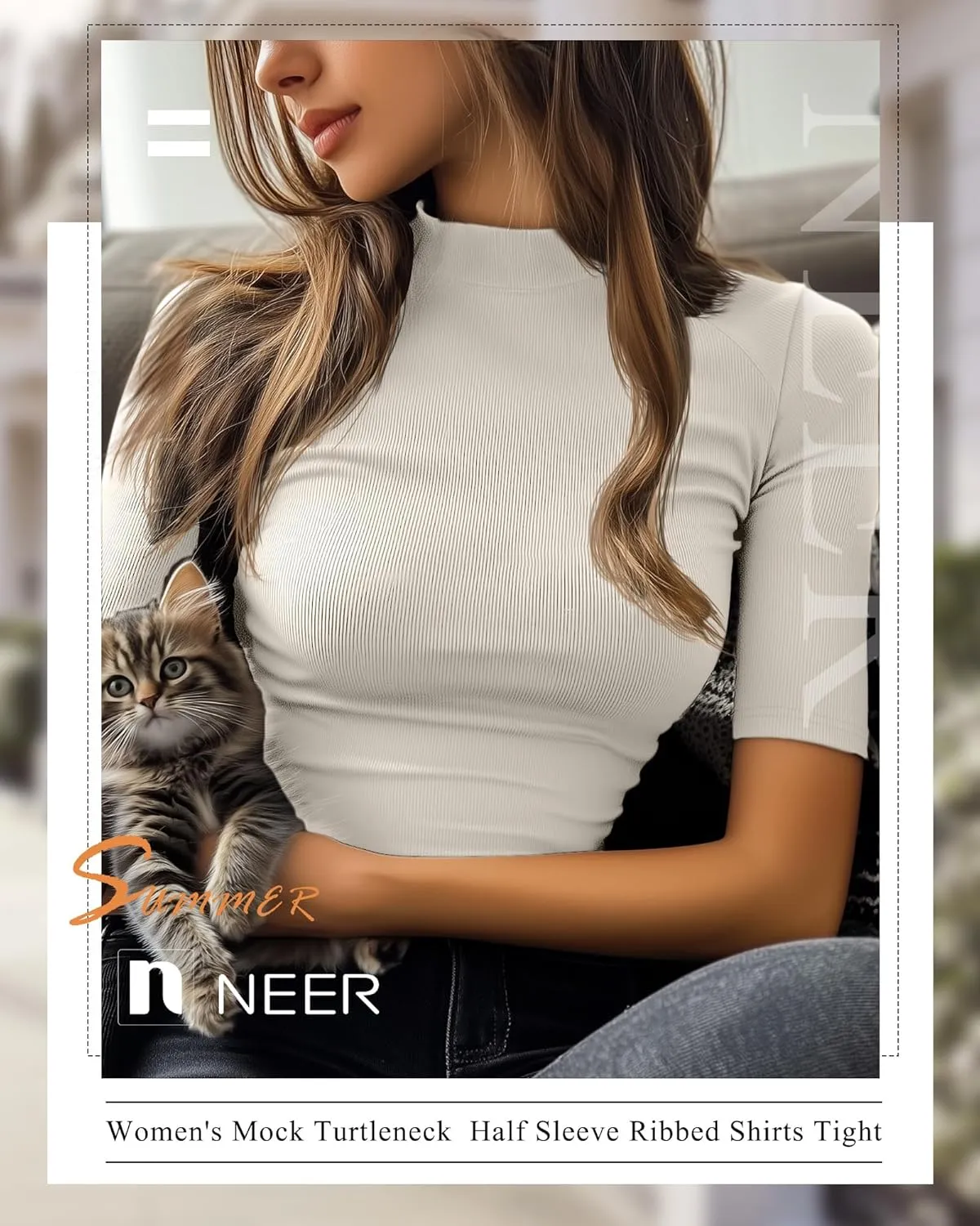 Neer 3 Pack Women's Mock Turtleneck Tops, Short Sleeve Ribbed Shirts Tight Mock Neck Tops Business Casual Basic Tees