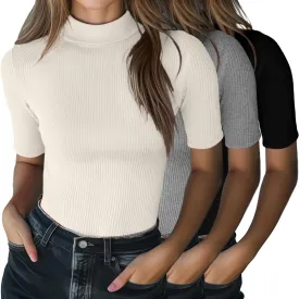 Neer 3 Pack Women's Mock Turtleneck Tops, Short Sleeve Ribbed Shirts Tight Mock Neck Tops Business Casual Basic Tees