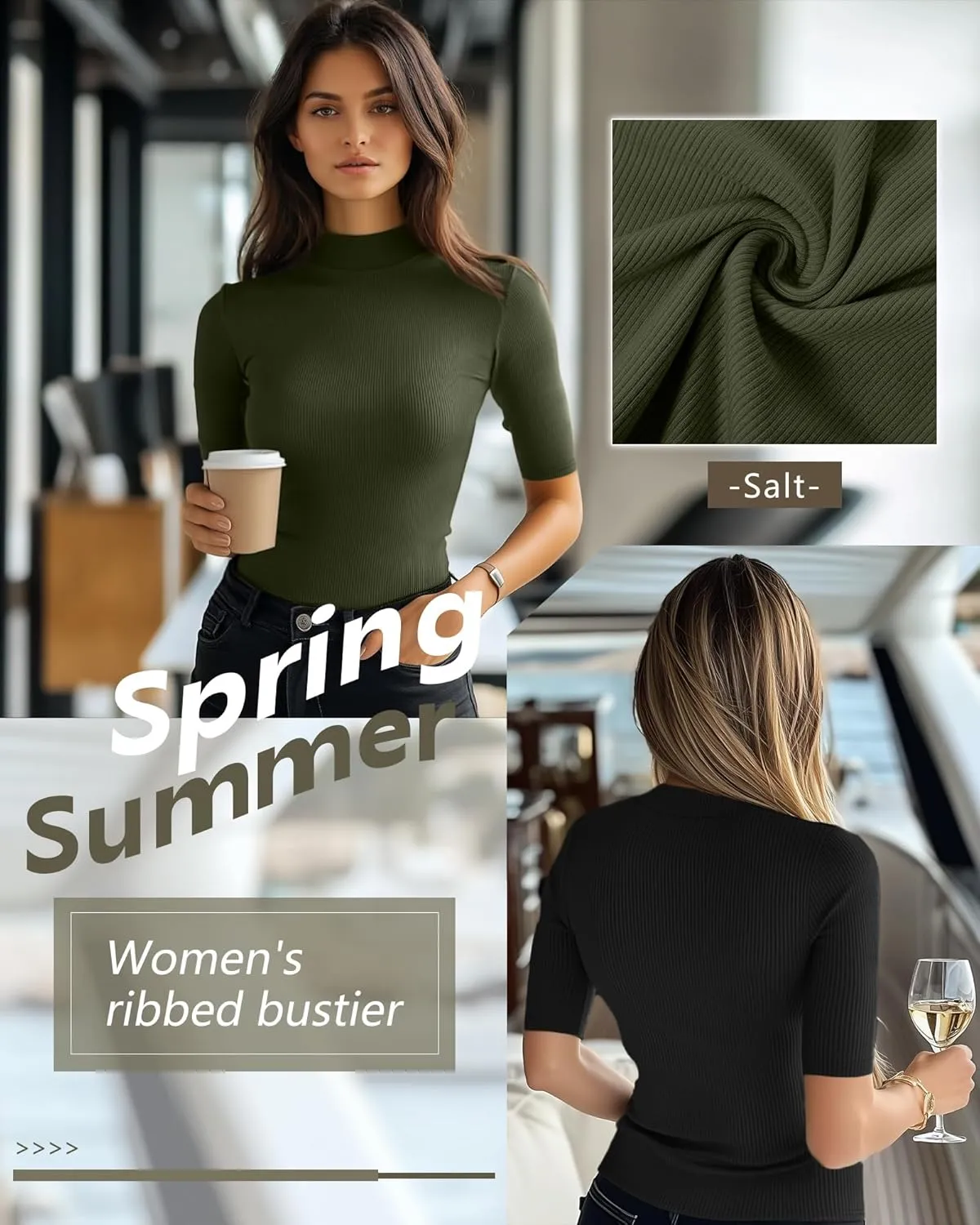 Neer 3 Pack Women's Mock Turtleneck Tops, Short Sleeve Ribbed Shirts Tight Mock Neck Tops Business Casual Basic Tees