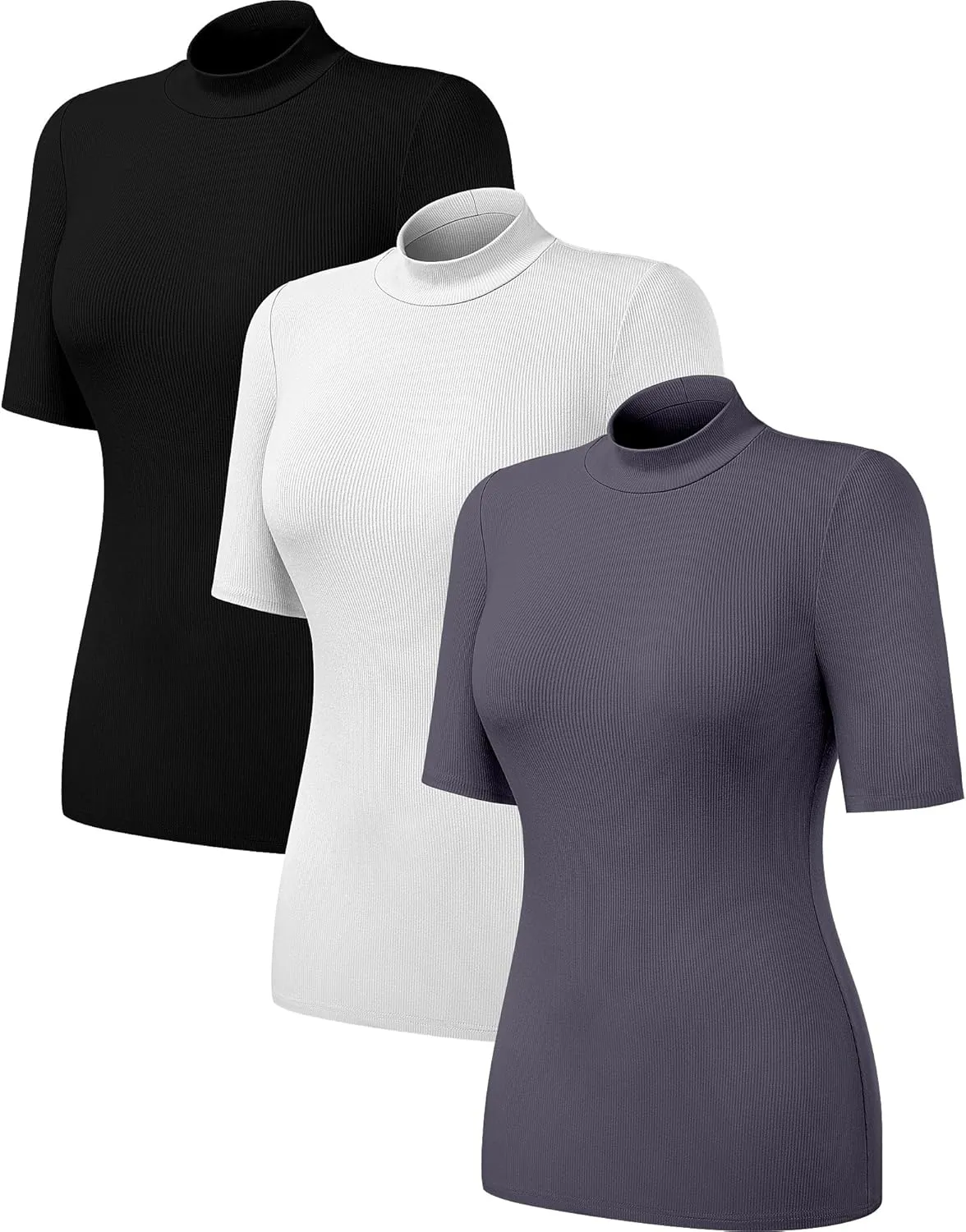 Neer 3 Pack Women's Mock Turtleneck Tops, Short Sleeve Ribbed Shirts Tight Mock Neck Tops Business Casual Basic Tees