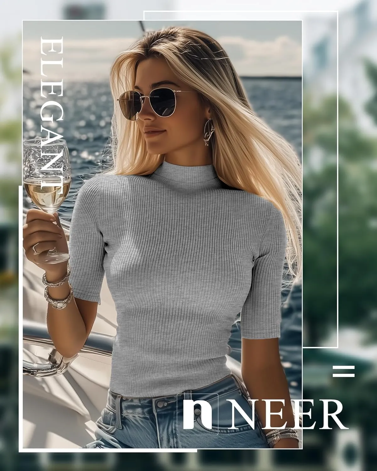 Neer 3 Pack Women's Mock Turtleneck Tops, Short Sleeve Ribbed Shirts Tight Mock Neck Tops Business Casual Basic Tees