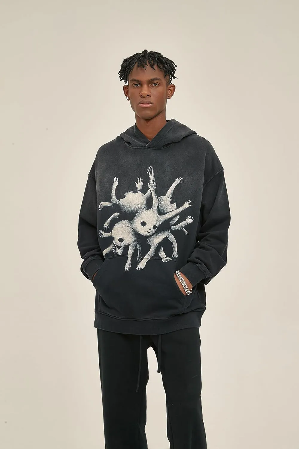 Obenie Retro Y2K Hoodie Gothic Casual Alphabet Blast Print Pattern Skull Fashion Hoodie Men Harajuku Men Clothing