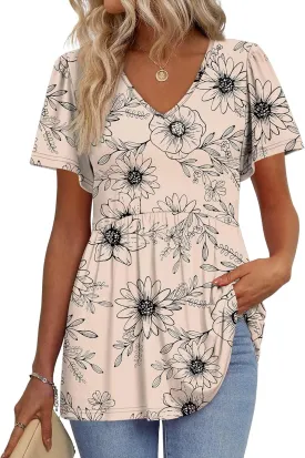 OFEEFAN Womens Summer Tops Babydoll Short Sleeve Shirts Puff Sleeve Peplum Tops V Neck T Shirts