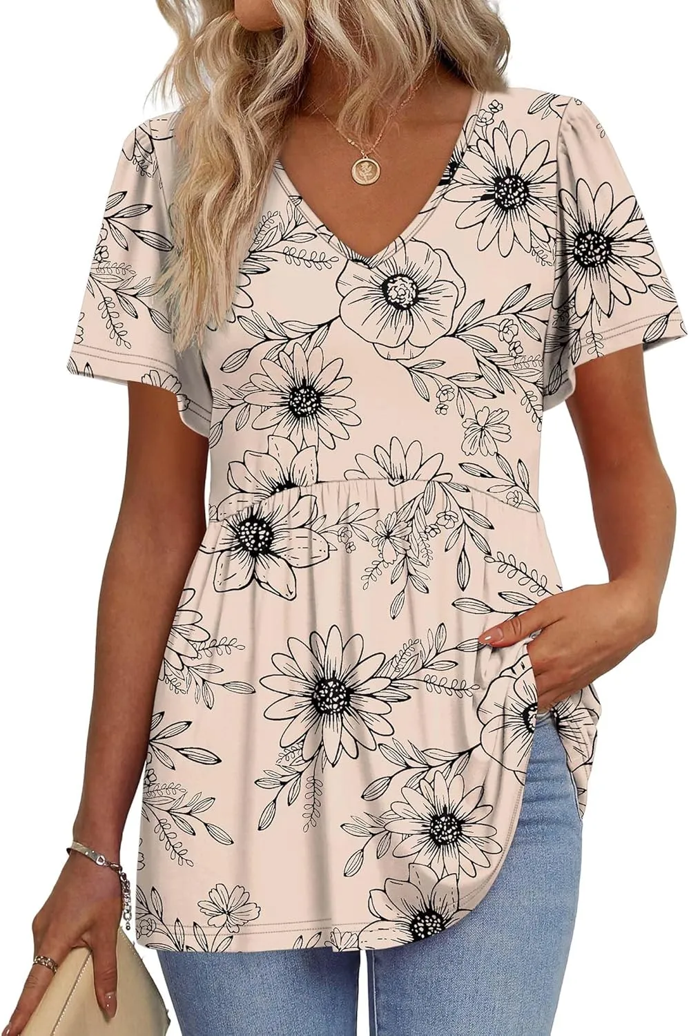 OFEEFAN Womens Summer Tops Babydoll Short Sleeve Shirts Puff Sleeve Peplum Tops V Neck T Shirts