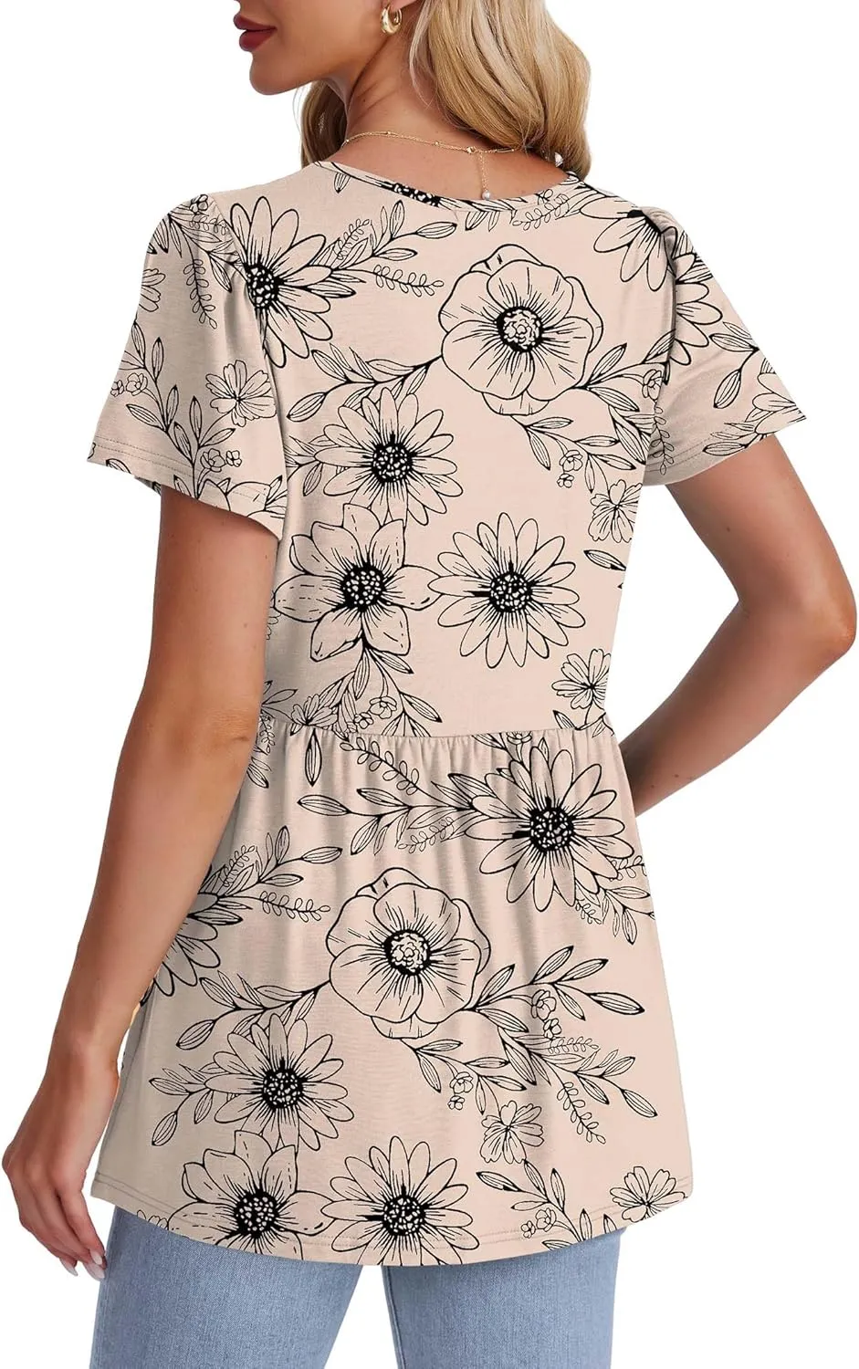 OFEEFAN Womens Summer Tops Babydoll Short Sleeve Shirts Puff Sleeve Peplum Tops V Neck T Shirts