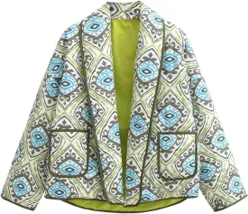 Omoone Women's Quilted Jacket Cardigan Lightweight Floral Print Open Front Padded Puffer Jackets