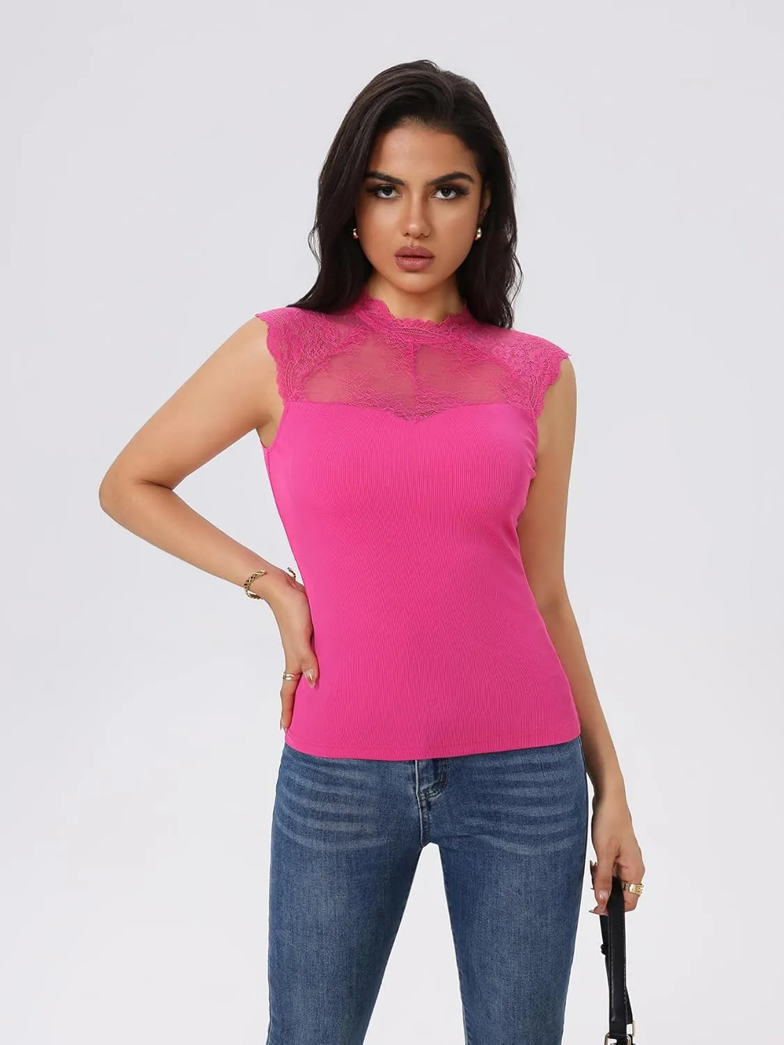 OYOANGLE Women's Casual Cap Short Sleeve Floral Mesh Lace Blouse Mock Neck Tops