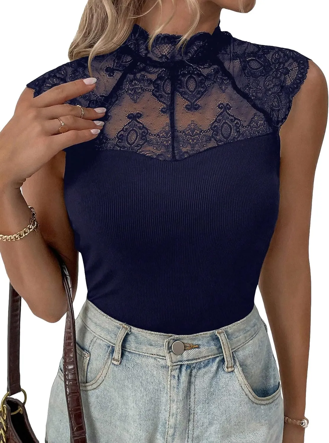 OYOANGLE Women's Casual Cap Short Sleeve Floral Mesh Lace Blouse Mock Neck Tops