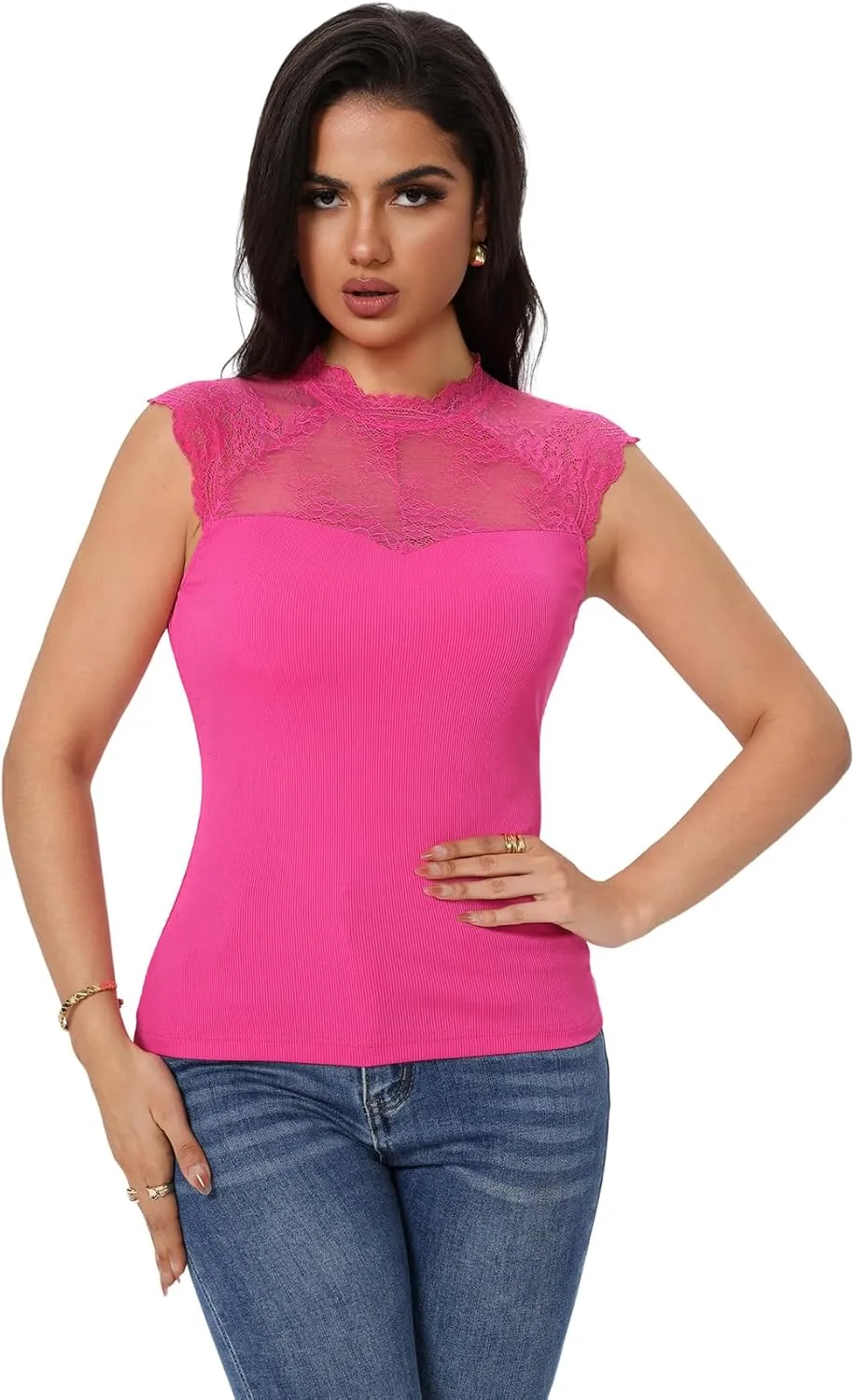 OYOANGLE Women's Casual Cap Short Sleeve Floral Mesh Lace Blouse Mock Neck Tops