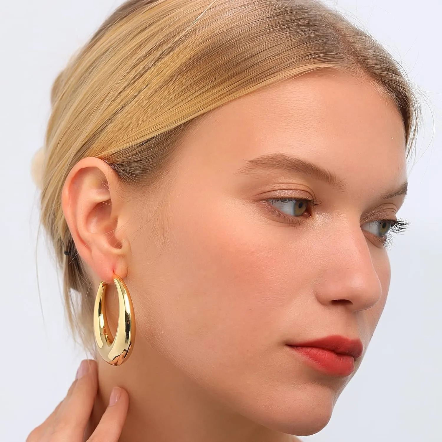 PABBEU Chunky Silver Hoops Earrings for Women, Hypoallergenic Lightweight 925 Sterling Silver Oval Hoop Earring, Sterling Silver Thick Hoop Earrings for Women 25/28/30/38/40mm