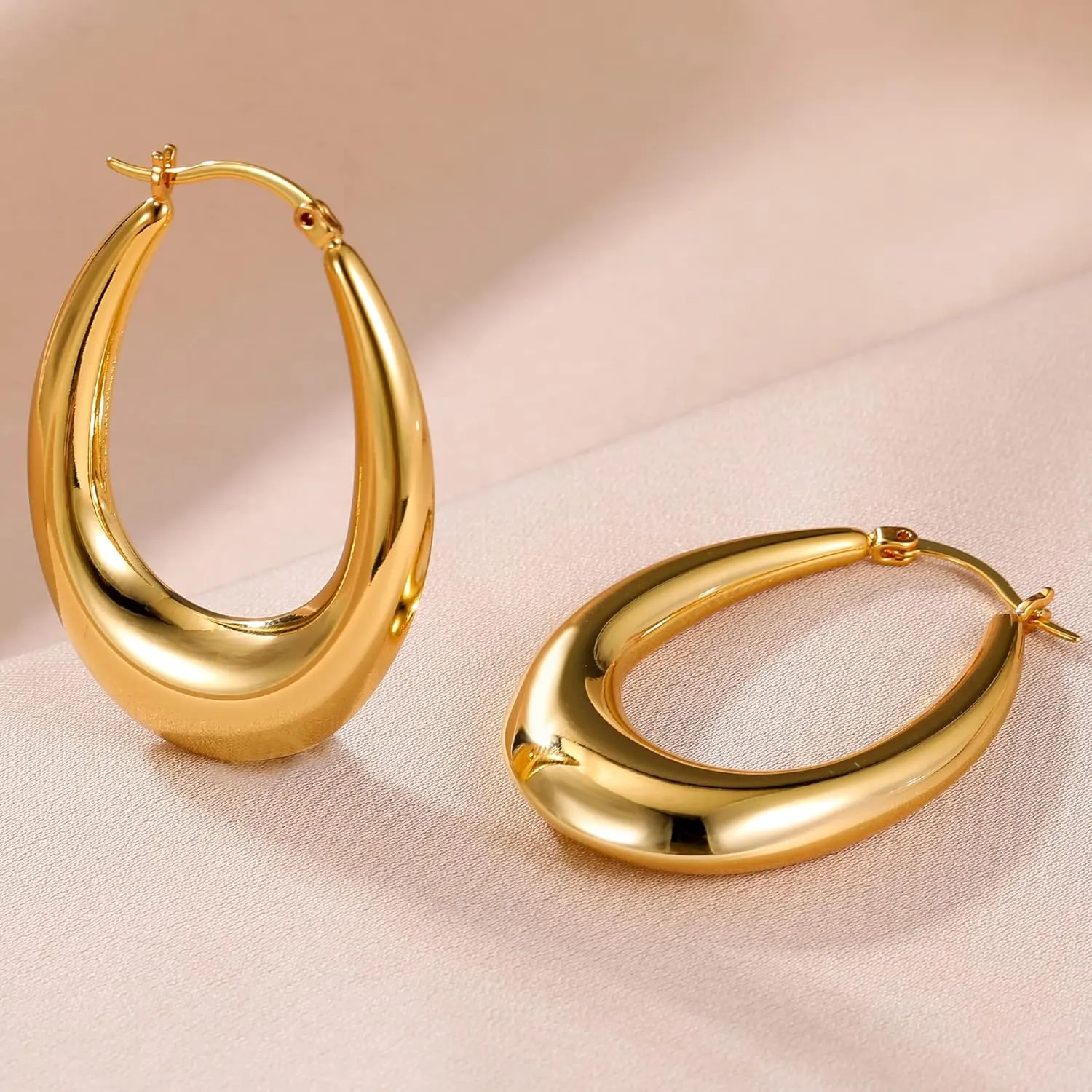 PABBEU Chunky Silver Hoops Earrings for Women, Hypoallergenic Lightweight 925 Sterling Silver Oval Hoop Earring, Sterling Silver Thick Hoop Earrings for Women 25/28/30/38/40mm