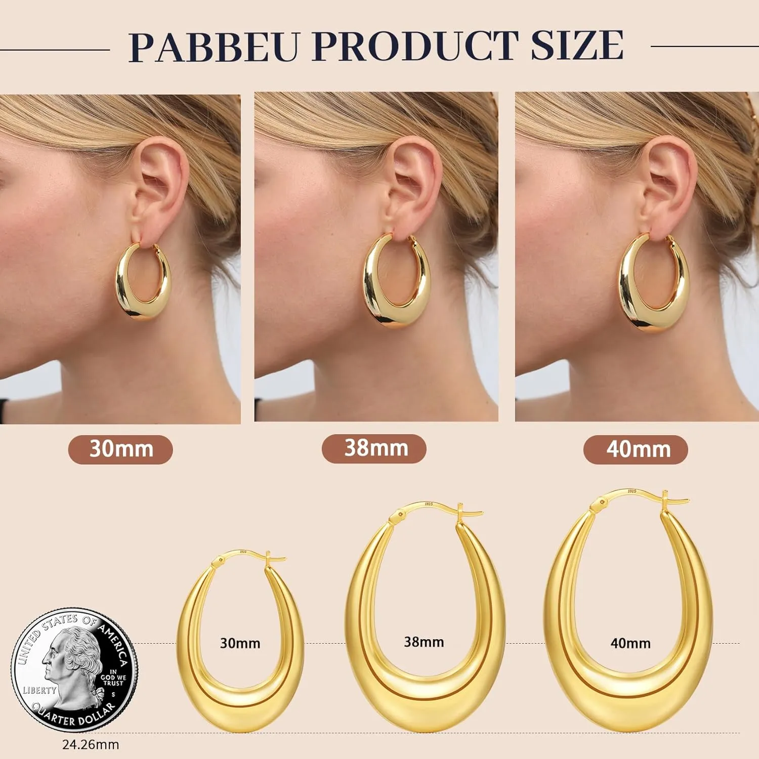 PABBEU Chunky Silver Hoops Earrings for Women, Hypoallergenic Lightweight 925 Sterling Silver Oval Hoop Earring, Sterling Silver Thick Hoop Earrings for Women 25/28/30/38/40mm