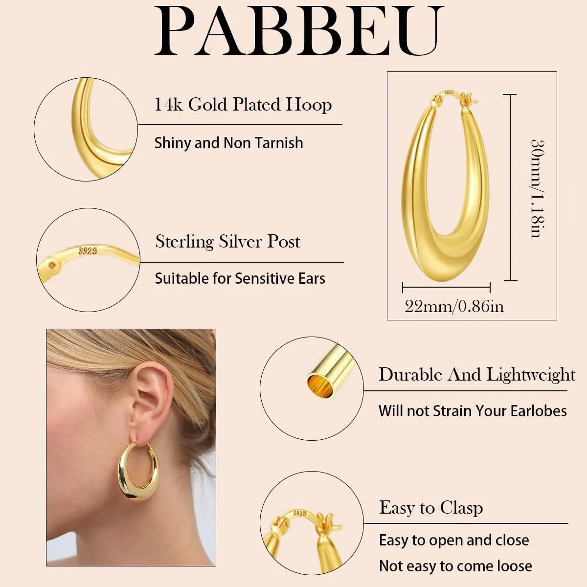 PABBEU Chunky Silver Hoops Earrings for Women, Hypoallergenic Lightweight 925 Sterling Silver Oval Hoop Earring, Sterling Silver Thick Hoop Earrings for Women 25/28/30/38/40mm