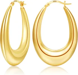 PABBEU Chunky Silver Hoops Earrings for Women, Hypoallergenic Lightweight 925 Sterling Silver Oval Hoop Earring, Sterling Silver Thick Hoop Earrings for Women 25/28/30/38/40mm