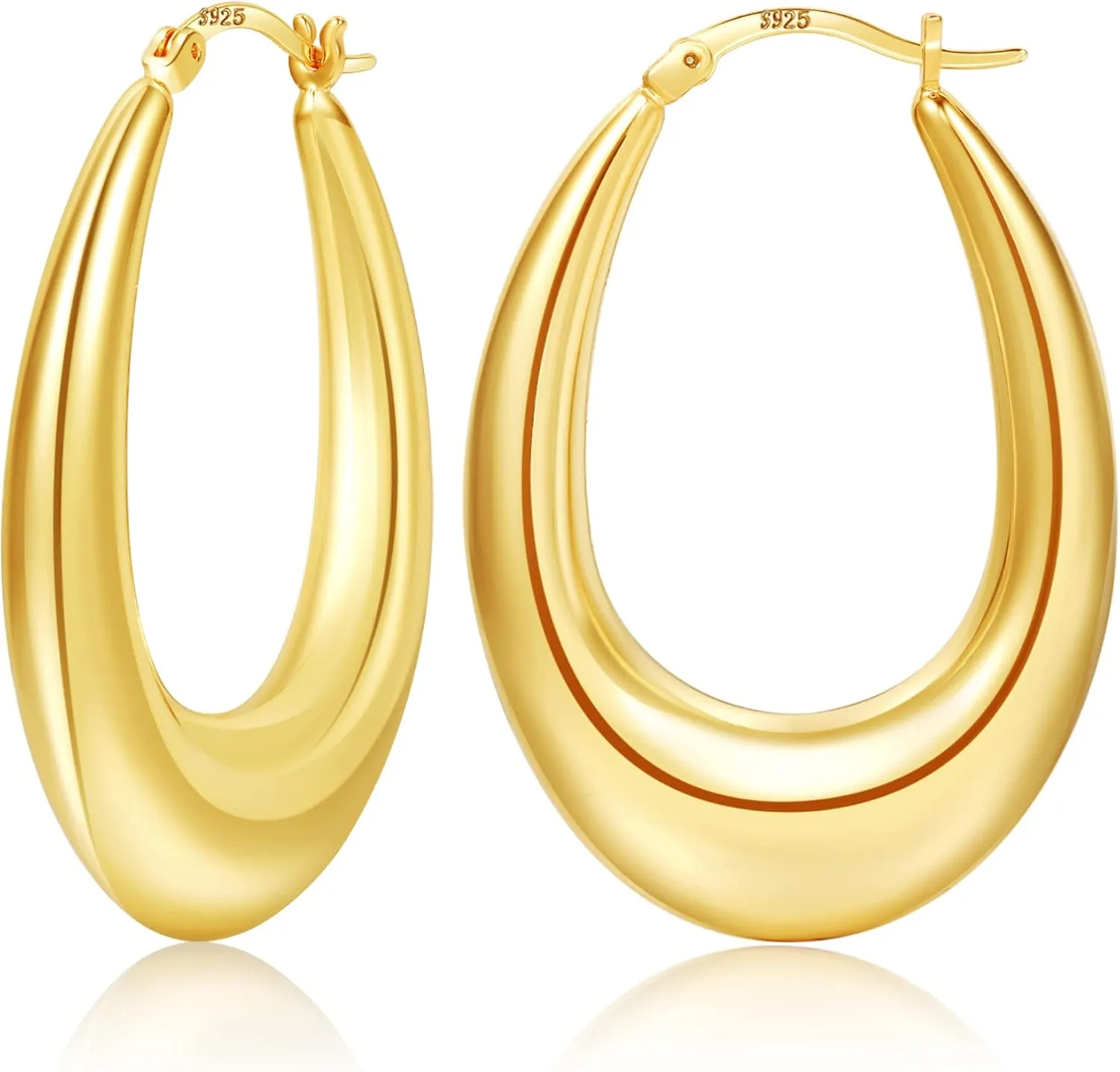PABBEU Chunky Silver Hoops Earrings for Women, Hypoallergenic Lightweight 925 Sterling Silver Oval Hoop Earring, Sterling Silver Thick Hoop Earrings for Women 25/28/30/38/40mm