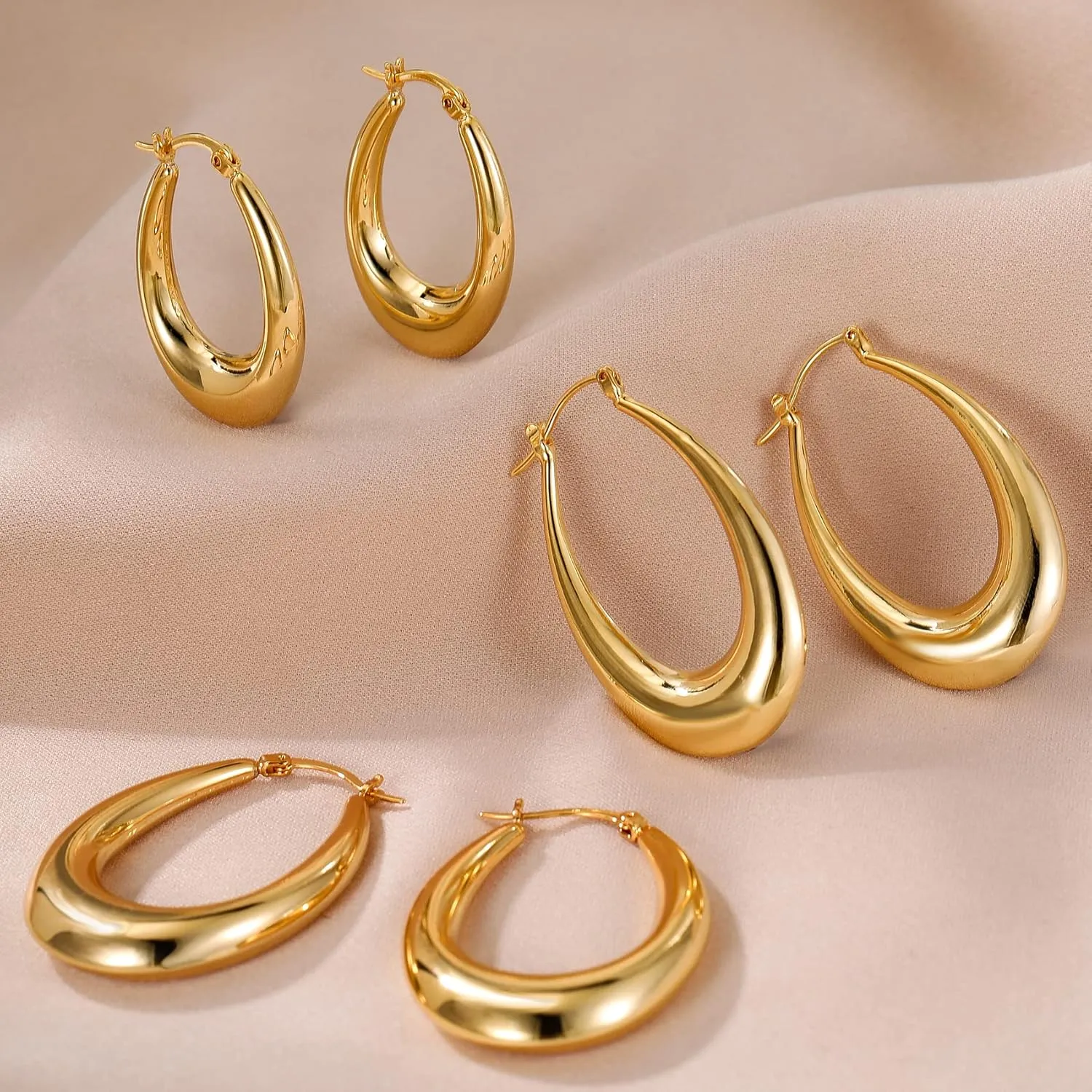 PABBEU Chunky Silver Hoops Earrings for Women, Hypoallergenic Lightweight 925 Sterling Silver Oval Hoop Earring, Sterling Silver Thick Hoop Earrings for Women 25/28/30/38/40mm