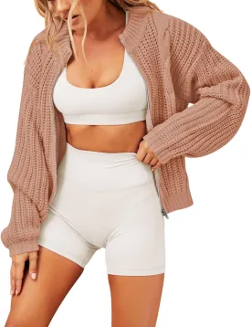 Pink Queen 2024 Fall Casual Cardigan Sweaters for Women Long Sleeve Full Zipper Chunky Knit Cardigans Jacket Coat