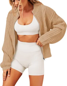 Pink Queen 2024 Fall Casual Cardigan Sweaters for Women Long Sleeve Full Zipper Chunky Knit Cardigans Jacket Coat