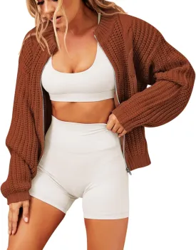 Pink Queen 2024 Fall Casual Cardigan Sweaters for Women Long Sleeve Full Zipper Chunky Knit Cardigans Jacket Coat
