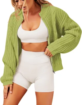 Pink Queen 2024 Fall Casual Cardigan Sweaters for Women Long Sleeve Full Zipper Chunky Knit Cardigans Jacket Coat