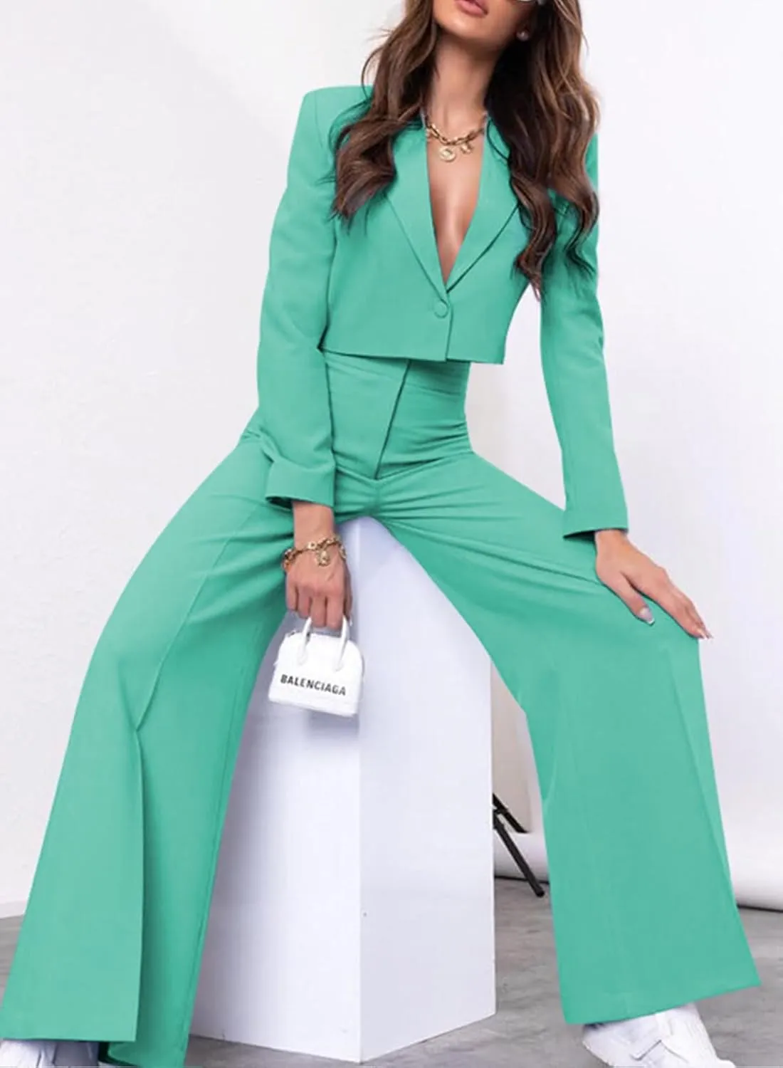 PinkPatty Women's Business Casual Outfits Lightweight Blazer Jacket and Wide Leg Pants Suit Set