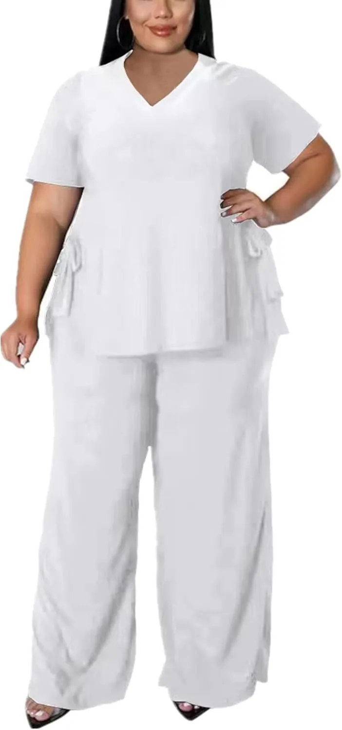 Plus Size 2 Piece Outfits for Women Pants Sets Sexy Elegant Long Sleeve Split Shirt Bodycon Casual tracksuits