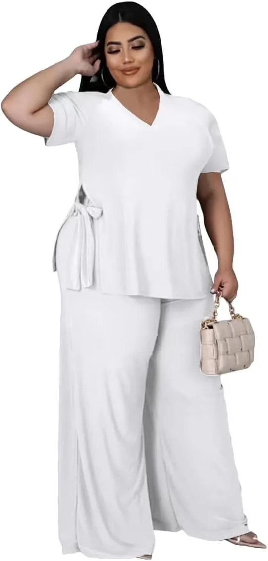 Plus Size 2 Piece Outfits for Women Pants Sets Sexy Elegant Long Sleeve Split Shirt Bodycon Casual tracksuits