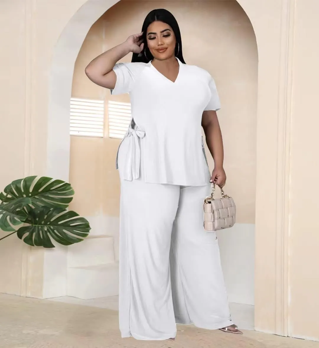 Plus Size 2 Piece Outfits for Women Pants Sets Sexy Elegant Long Sleeve Split Shirt Bodycon Casual tracksuits