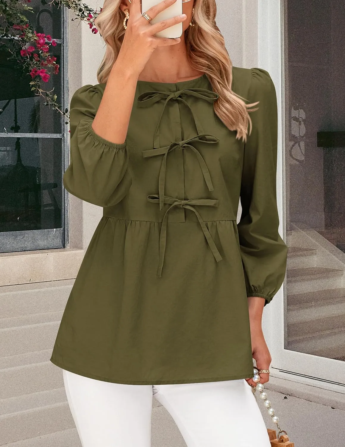 PRETTYGARDEN Women's Babydoll Tops 2025 Spring Trendy 3/4 Length Puff Sleeve Bow Tie Front Cute Peplum Blouses Shirts