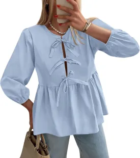 PRETTYGARDEN Women's Babydoll Tops 2025 Spring Trendy 3/4 Length Puff Sleeve Bow Tie Front Cute Peplum Blouses Shirts