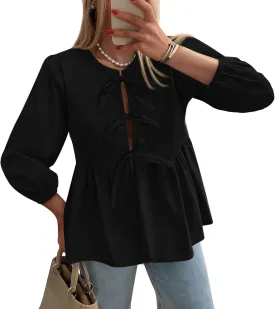 PRETTYGARDEN Women's Babydoll Tops 2025 Spring Trendy 3/4 Length Puff Sleeve Bow Tie Front Cute Peplum Blouses Shirts
