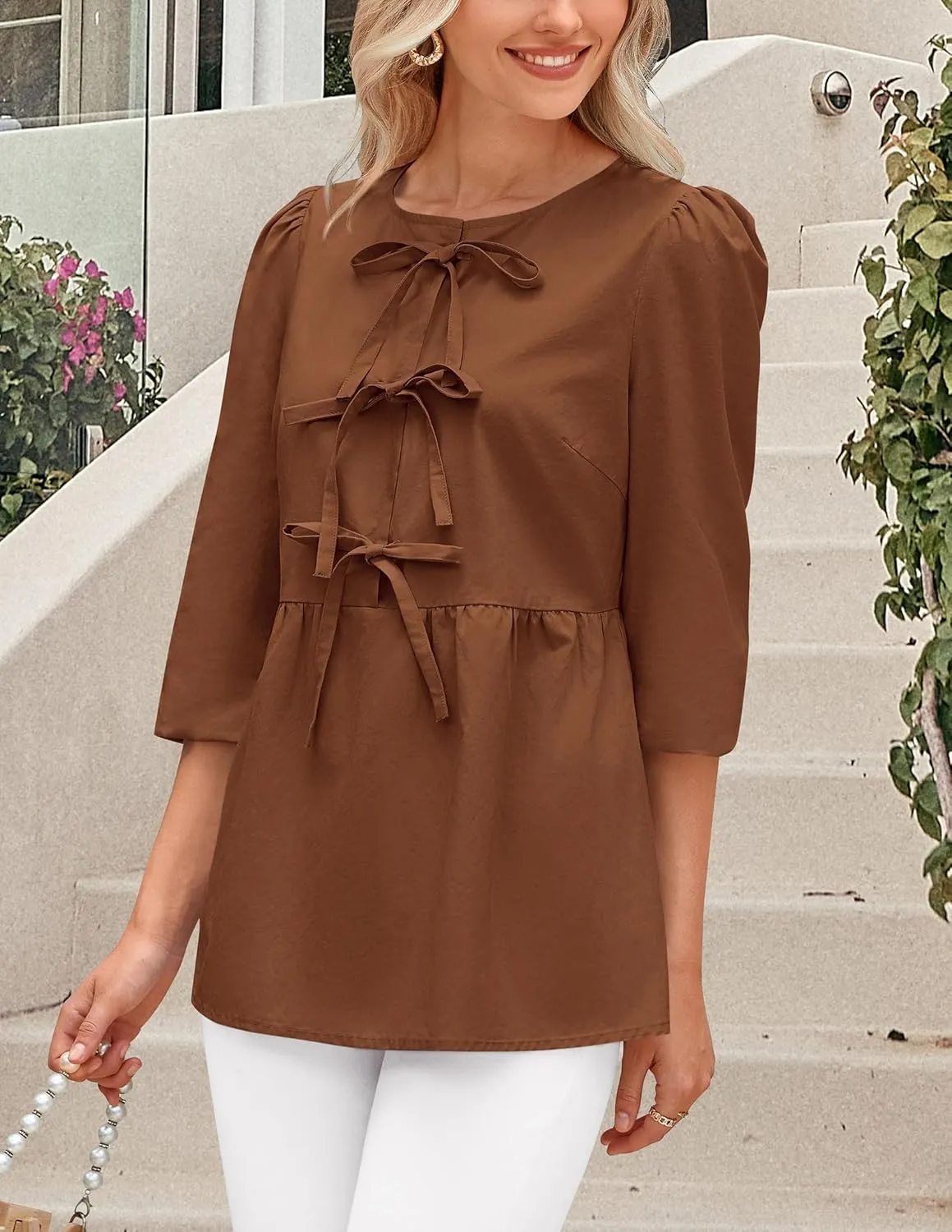 PRETTYGARDEN Women's Babydoll Tops 2025 Spring Trendy 3/4 Length Puff Sleeve Bow Tie Front Cute Peplum Blouses Shirts