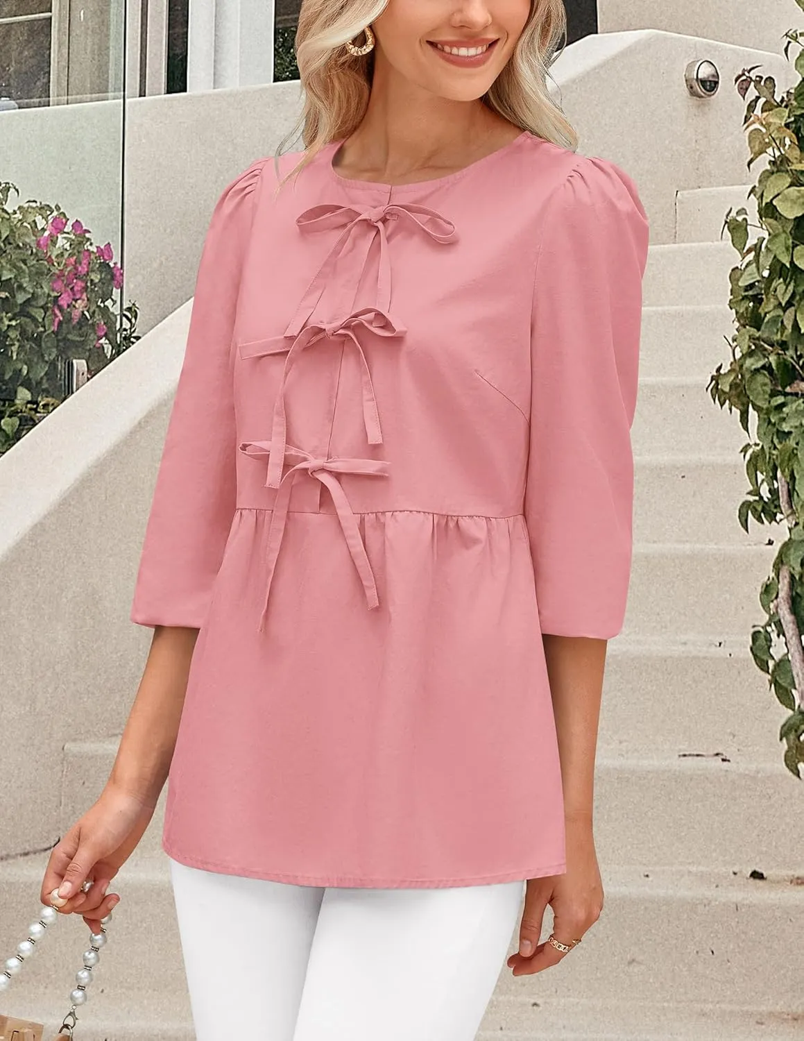 PRETTYGARDEN Women's Babydoll Tops 2025 Spring Trendy 3/4 Length Puff Sleeve Bow Tie Front Cute Peplum Blouses Shirts