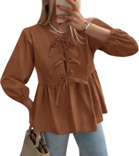 PRETTYGARDEN Women's Babydoll Tops 2025 Spring Trendy 3/4 Length Puff Sleeve Bow Tie Front Cute Peplum Blouses Shirts