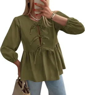PRETTYGARDEN Women's Babydoll Tops 2025 Spring Trendy 3/4 Length Puff Sleeve Bow Tie Front Cute Peplum Blouses Shirts