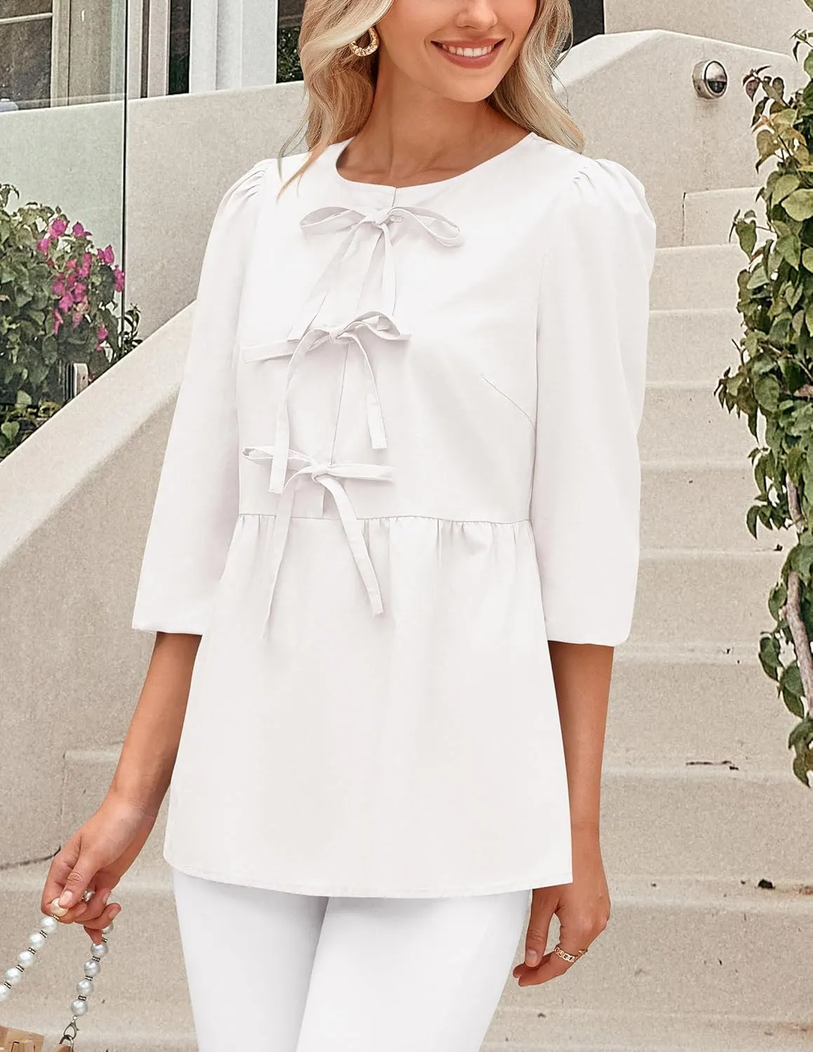 PRETTYGARDEN Women's Babydoll Tops 2025 Spring Trendy 3/4 Length Puff Sleeve Bow Tie Front Cute Peplum Blouses Shirts